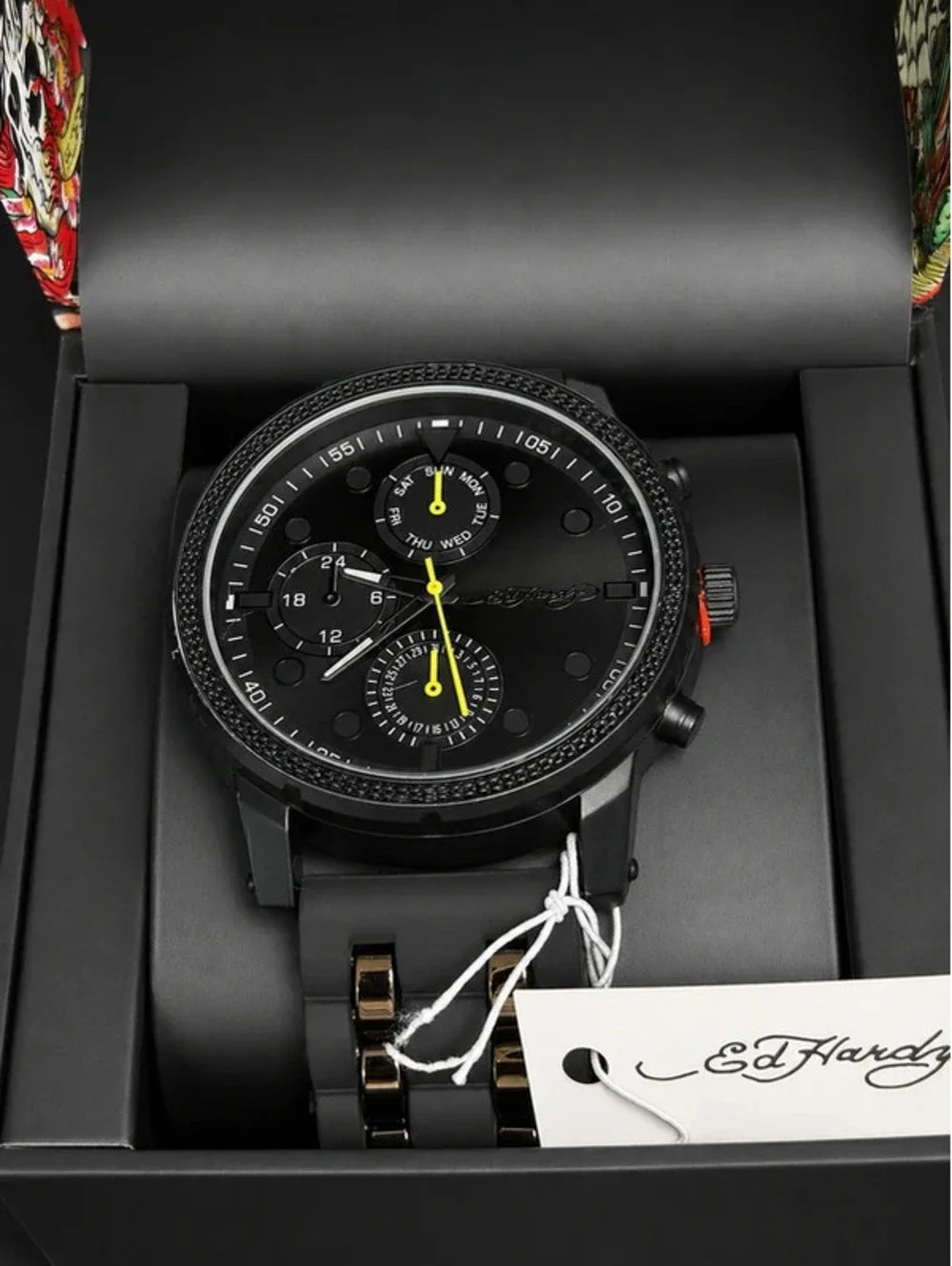 #703 Ed Hardy Black Chronograph-Style Watch with Original Box & Tags